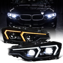 2012-2015 BMW F30 3 Series Sedan 328i 335i 320i Full LED DRL Tube Dual Projector LED Headlights Switchback Sequential Signal + Animated Startup Pair | Black Eyelid Black