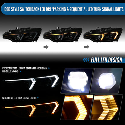 2012-2015 BMW F30 3 Series Sedan 328i 335i 320i Full LED DRL Tube Dual Projector LED Headlights Switchback Sequential Signal + Animated Startup Pair | Black Eyelid Black Smoke