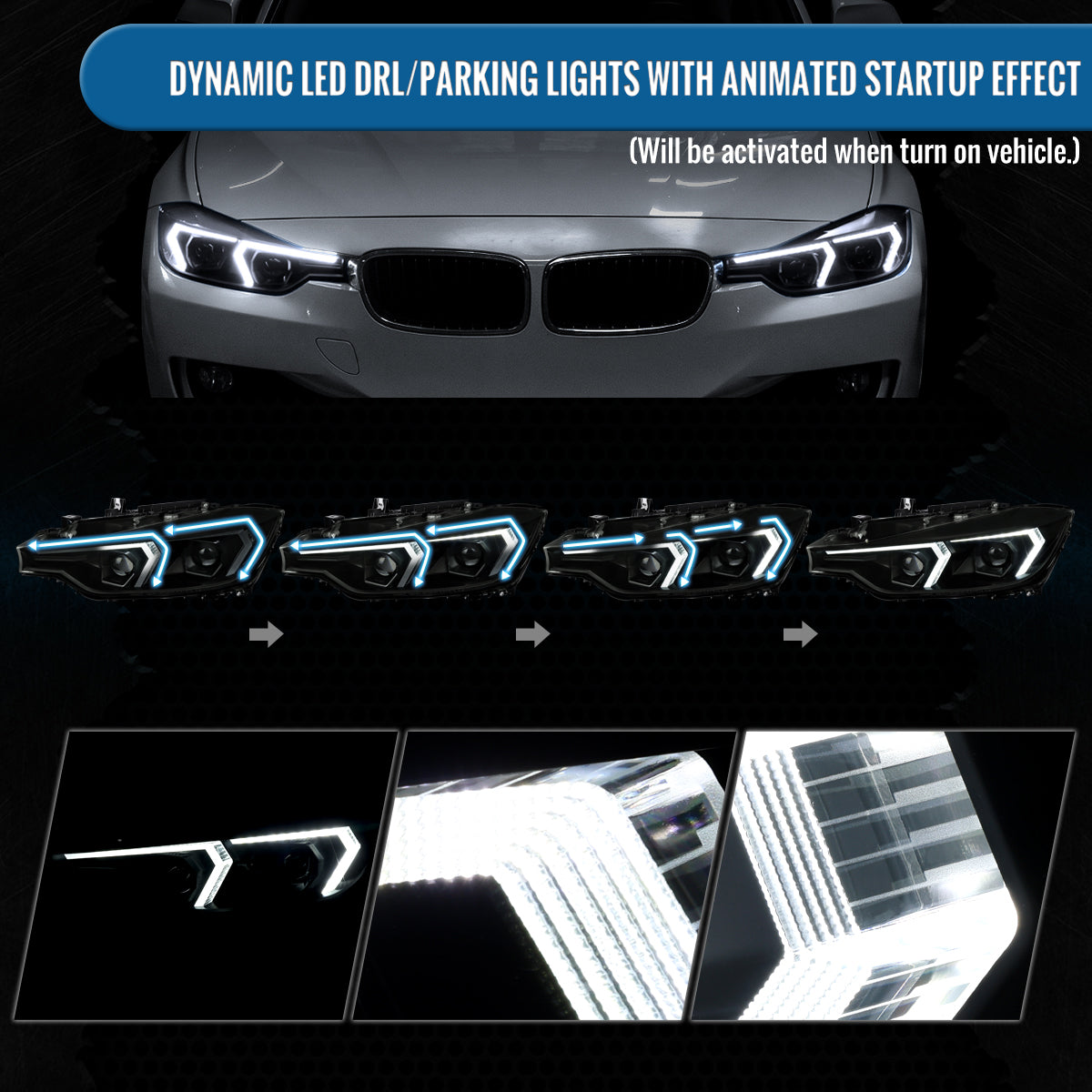 2012-2015 BMW F30 3 Series Sedan 328i 335i 320i Full LED DRL Tube Dual Projector LED Headlights Switchback Sequential Signal + Animated Startup Pair | Black Eyelid Black Smoke