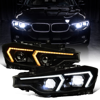 2012-2015 BMW F30 3 Series Sedan 328i 335i 320i Full LED DRL Tube Dual Projector LED Headlights Switchback Sequential Signal + Animated Startup Pair | Black Eyelid Black Smoke