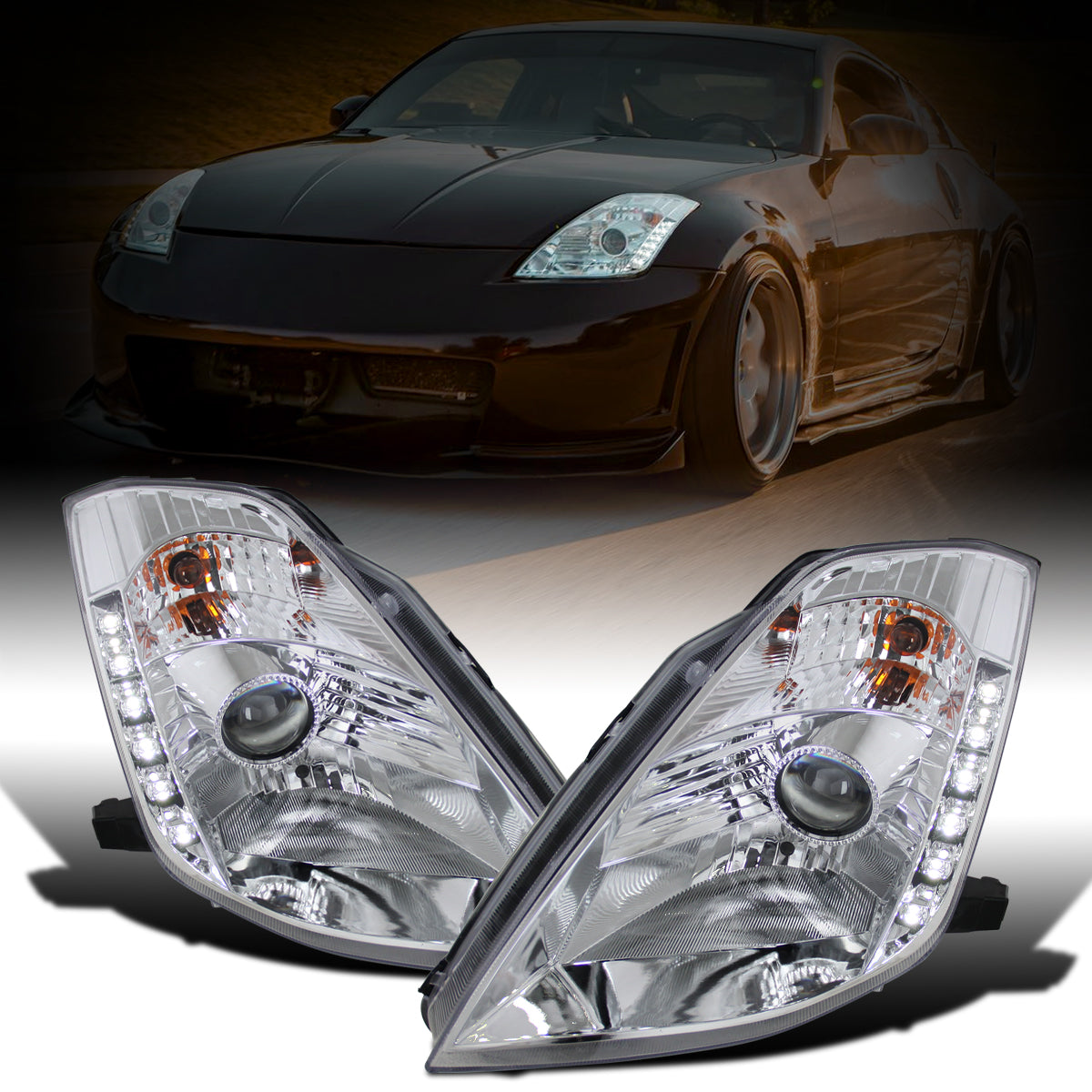 Ronnin - Fits 2003-2005 Nissan 350Z Upgraded LED Strip HID Xenon Projector Headlights Assembly Pair | Chrome