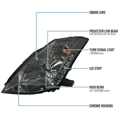 Ronnin - Fits 2003-2005 Nissan 350Z Upgraded LED Strip HID Xenon Projector Headlights Assembly Pair | Smoke