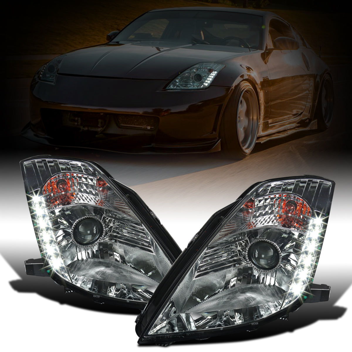 Ronnin - Fits 2003-2005 Nissan 350Z Upgraded LED Strip HID Xenon Projector Headlights Assembly Pair | Smoke