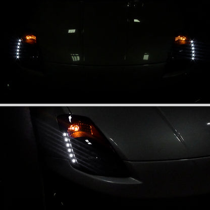 Ronnin - Fits 2003-2005 Nissan 350Z Upgraded LED Strip HID Xenon Projector Headlights Assembly Pair | Black