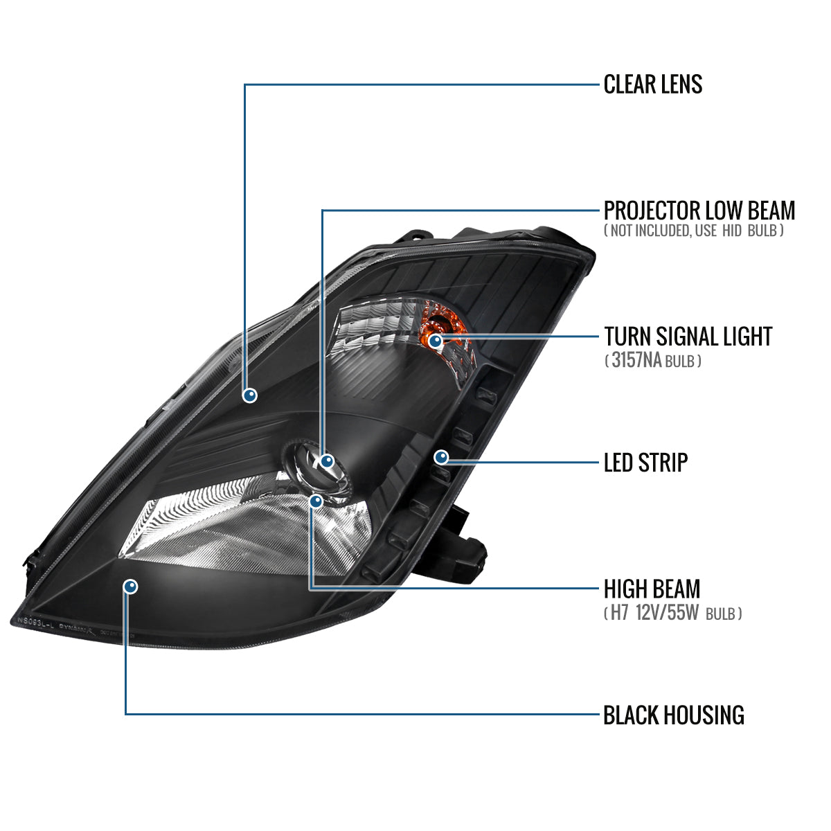 Ronnin - Fits 2003-2005 Nissan 350Z Upgraded LED Strip HID Xenon Projector Headlights Assembly Pair | Black
