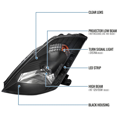 Ronnin - Fits 2003-2005 Nissan 350Z Upgraded LED Strip HID Xenon Projector Headlights Assembly Pair | Black