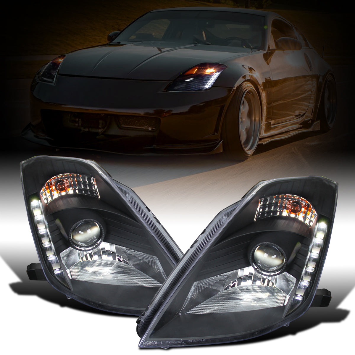 Ronnin - Fits 2003-2005 Nissan 350Z Upgraded LED Strip HID Xenon Projector Headlights Assembly Pair | Black
