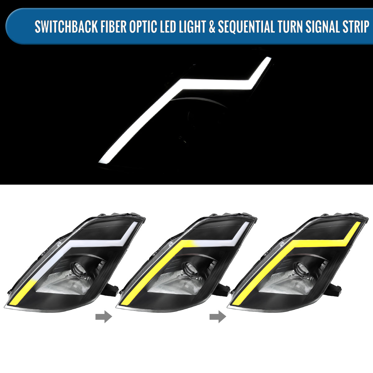 Ronnin - Fits 2003-2005 Nissan 350Z Upgraded Replacement HID Xenon Projector Headlights LED Switchback Sequential Turn Signals + Animated Startup Effect Assembly Pair | Black