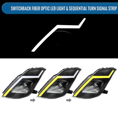 Ronnin - Fits 2003-2005 Nissan 350Z Upgraded Replacement HID Xenon Projector Headlights LED Switchback Sequential Turn Signals + Animated Startup Effect Assembly Pair | Black