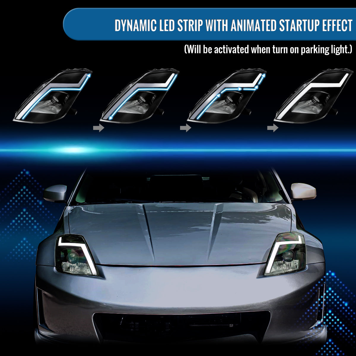 Ronnin - Fits 2003-2005 Nissan 350Z Upgraded Replacement HID Xenon Projector Headlights LED Switchback Sequential Turn Signals + Animated Startup Effect Assembly Pair | Black