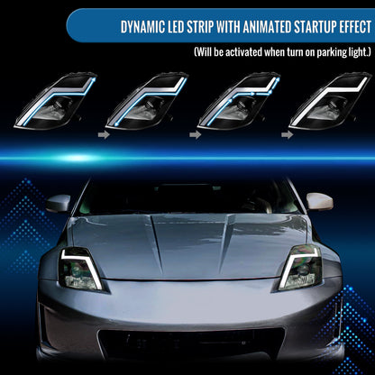 Ronnin - Fits 2003-2005 Nissan 350Z Upgraded Replacement HID Xenon Projector Headlights LED Switchback Sequential Turn Signals + Animated Startup Effect Assembly Pair | Black