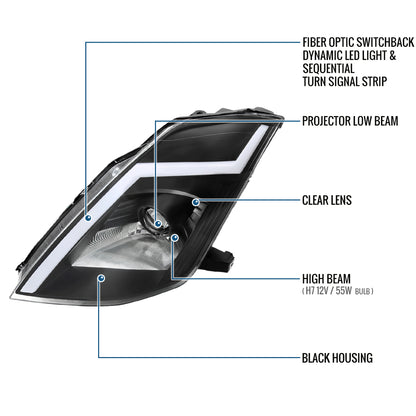 Ronnin - Fits 2003-2005 Nissan 350Z Upgraded Replacement HID Xenon Projector Headlights LED Switchback Sequential Turn Signals + Animated Startup Effect Assembly Pair | Black