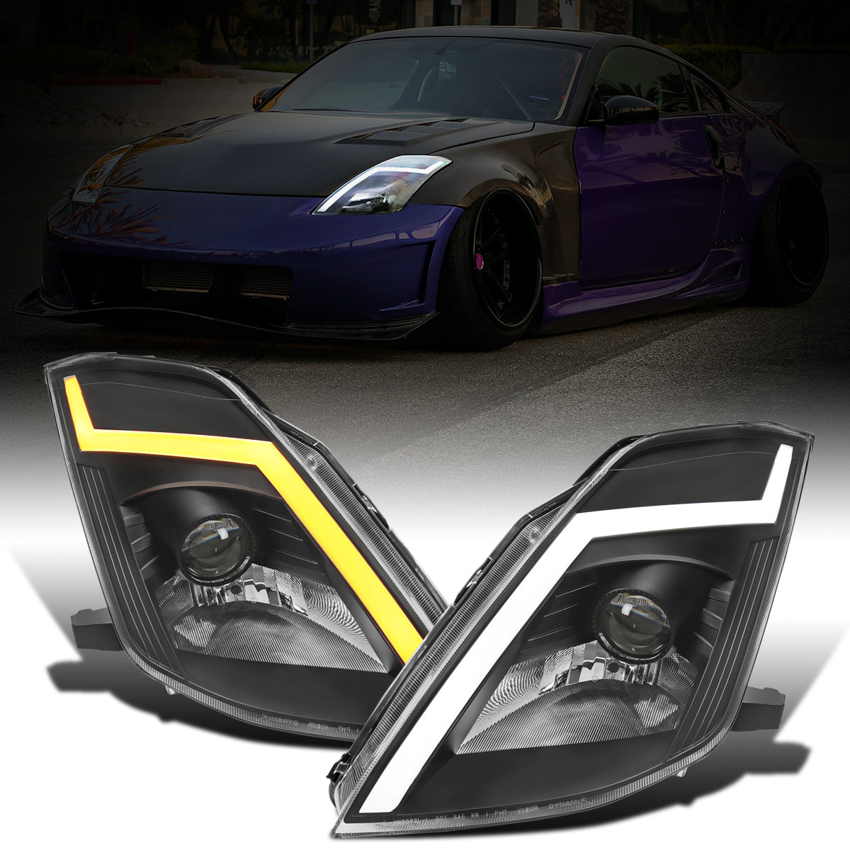 Ronnin - Fits 2003-2005 Nissan 350Z Upgraded Replacement HID Xenon Projector Headlights LED Switchback Sequential Turn Signals + Animated Startup Effect Assembly Pair | Black