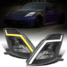 Ronnin - Fits 2003-2005 Nissan 350Z Upgraded Replacement HID Xenon Projector Headlights LED Switchback Sequential Turn Signals + Animated Startup Effect Assembly Pair | Black