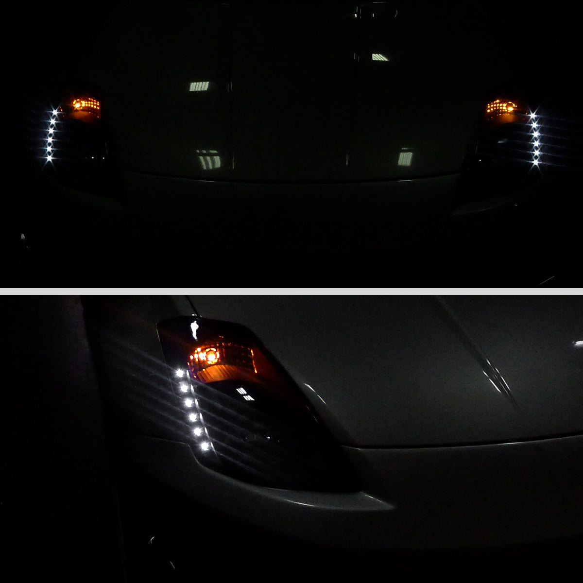 Ronnin - Fits 2003-2005 Nissan 350Z Upgraded LED Strip HID Xenon Projector Headlights Assembly Pair | Black Smoke