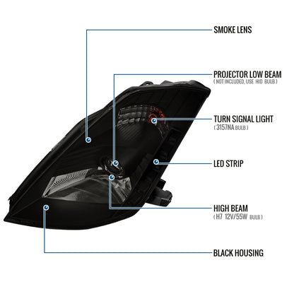 Ronnin - Fits 2003-2005 Nissan 350Z Upgraded LED Strip HID Xenon Projector Headlights Assembly Pair | Black Smoke