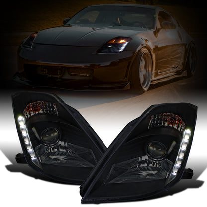 Ronnin - Fits 2003-2005 Nissan 350Z Upgraded LED Strip HID Xenon Projector Headlights Assembly Pair | Black Smoke