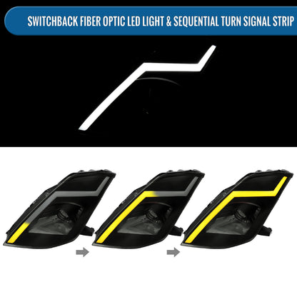 Ronnin - Fits 2003-2005 Nissan 350Z Upgraded Replacement HID Xenon Projector Headlights LED Switchback Sequential Turn Signals + Animated Startup Effect Assembly Pair | Black Smoke