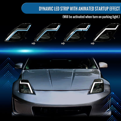 Ronnin - Fits 2003-2005 Nissan 350Z Upgraded Replacement HID Xenon Projector Headlights LED Switchback Sequential Turn Signals + Animated Startup Effect Assembly Pair | Black Smoke