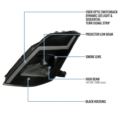 Ronnin - Fits 2003-2005 Nissan 350Z Upgraded Replacement HID Xenon Projector Headlights LED Switchback Sequential Turn Signals + Animated Startup Effect Assembly Pair | Black Smoke