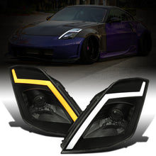 Ronnin - Fits 2003-2005 Nissan 350Z Upgraded Replacement HID Xenon Projector Headlights LED Switchback Sequential Turn Signals + Animated Startup Effect Assembly Pair | Black Smoke