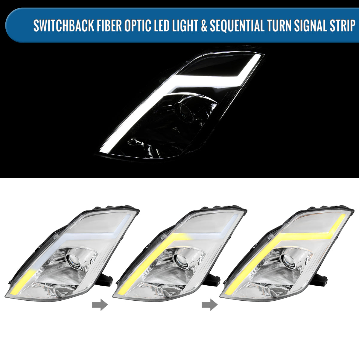 Ronnin - Fits 2003-2005 Nissan 350Z Upgraded Replacement HID Xenon Projector Headlights LED Switchback Sequential Turn Signals + Animated Startup Effect Assembly Pair | Chrome