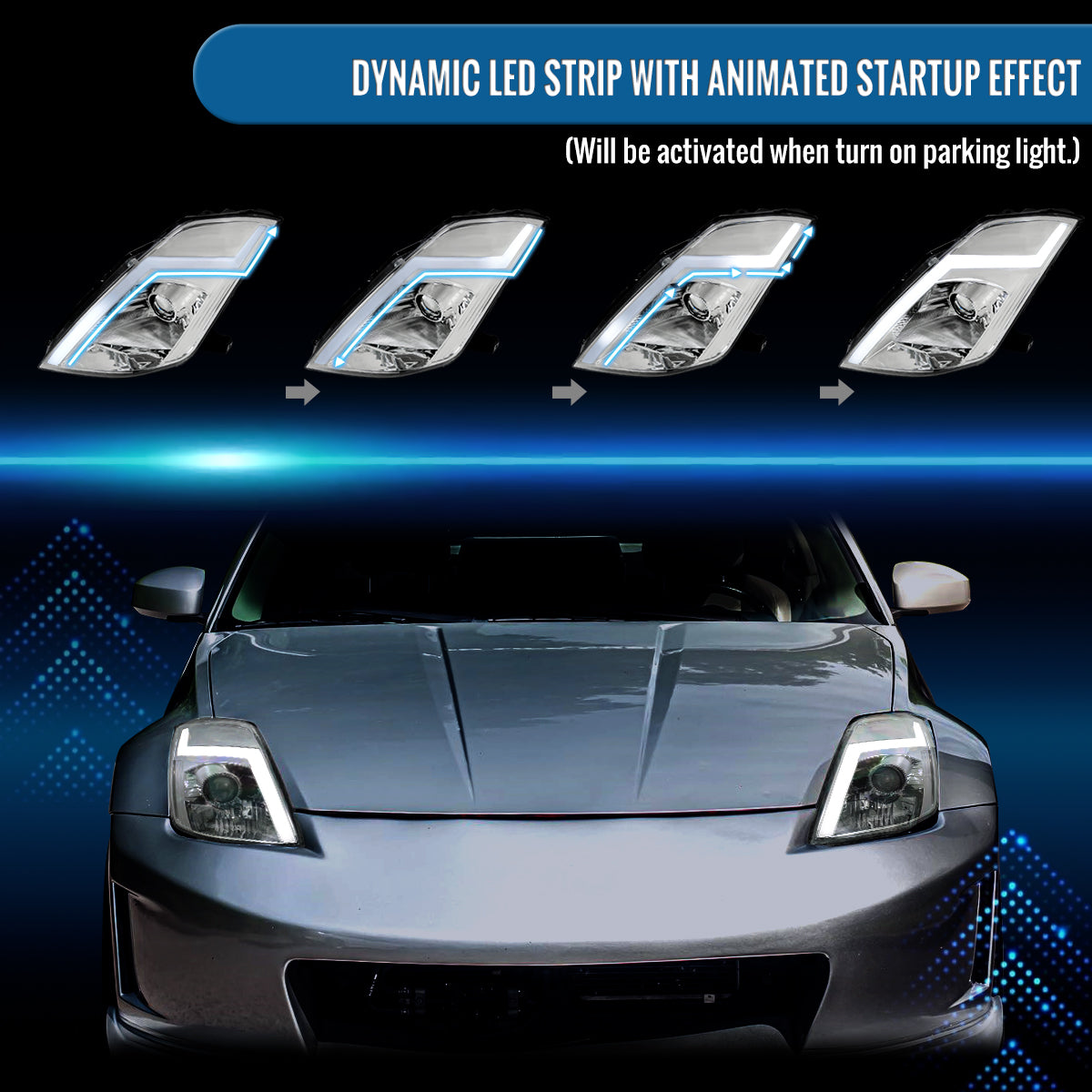 Ronnin - Fits 2003-2005 Nissan 350Z Upgraded Replacement HID Xenon Projector Headlights LED Switchback Sequential Turn Signals + Animated Startup Effect Assembly Pair | Chrome
