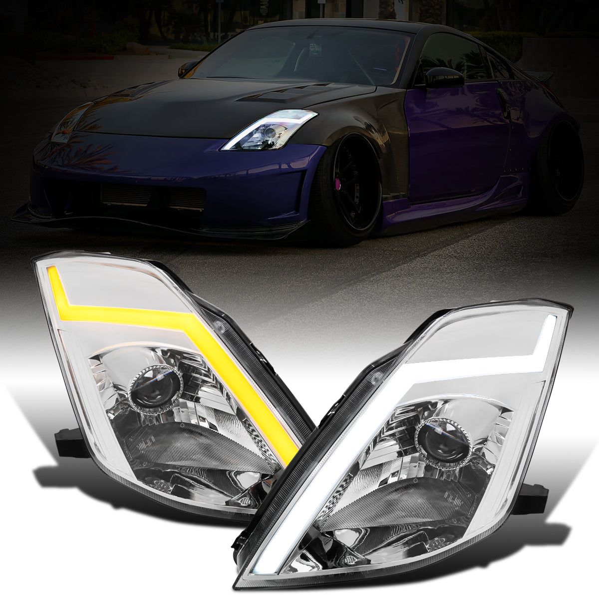 Ronnin - Fits 2003-2005 Nissan 350Z Upgraded Replacement HID Xenon Projector Headlights LED Switchback Sequential Turn Signals + Animated Startup Effect Assembly Pair | Chrome