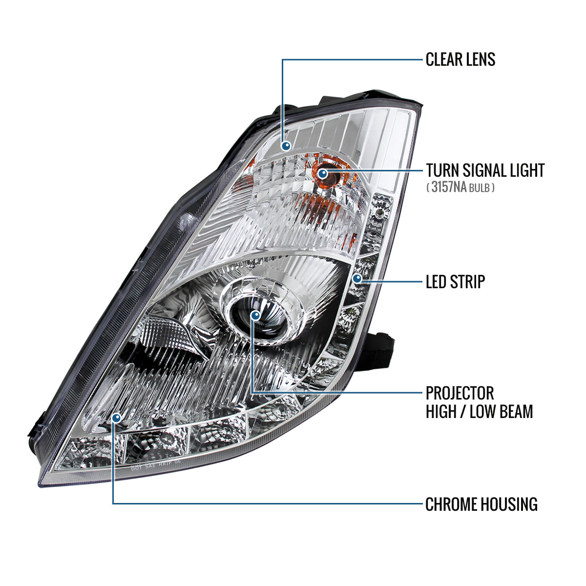Ronnin - Fits 2006-2009 Nissan 350Z Upgraded LED Strip HID Xenon Projector Headlights Assembly Pair | Chrome