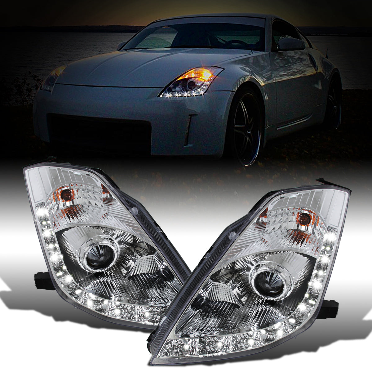 Ronnin - Fits 2006-2009 Nissan 350Z Upgraded LED Strip HID Xenon Projector Headlights Assembly Pair | Chrome