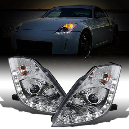 Ronnin - Fits 2006-2009 Nissan 350Z Upgraded LED Strip HID Xenon Projector Headlights Assembly Pair | Chrome