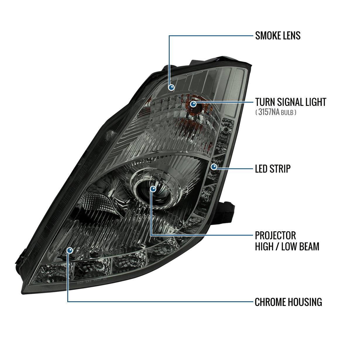Ronnin - Fits 2006-2009 Nissan 350Z Upgraded LED Strip HID Xenon Projector Headlights Assembly Pair | Smoke