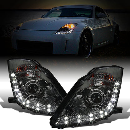 Ronnin - Fits 2006-2009 Nissan 350Z Upgraded LED Strip HID Xenon Projector Headlights Assembly Pair | Smoke