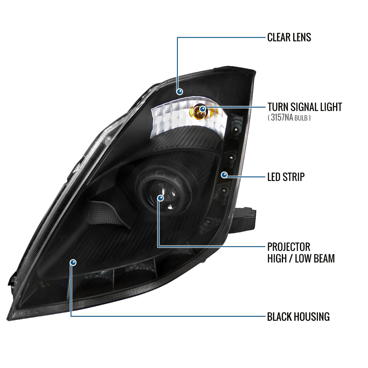 Ronnin - Fits 2006-2009 Nissan 350Z Upgraded LED Strip HID Xenon Projector Headlights Assembly Pair | Black