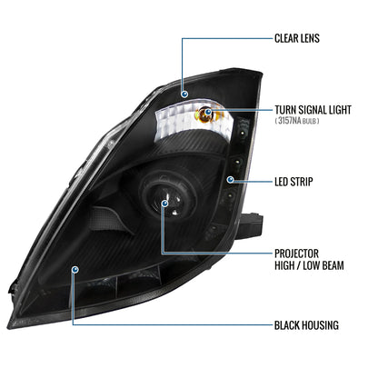 Ronnin - Fits 2006-2009 Nissan 350Z Upgraded LED Strip HID Xenon Projector Headlights Assembly Pair | Black