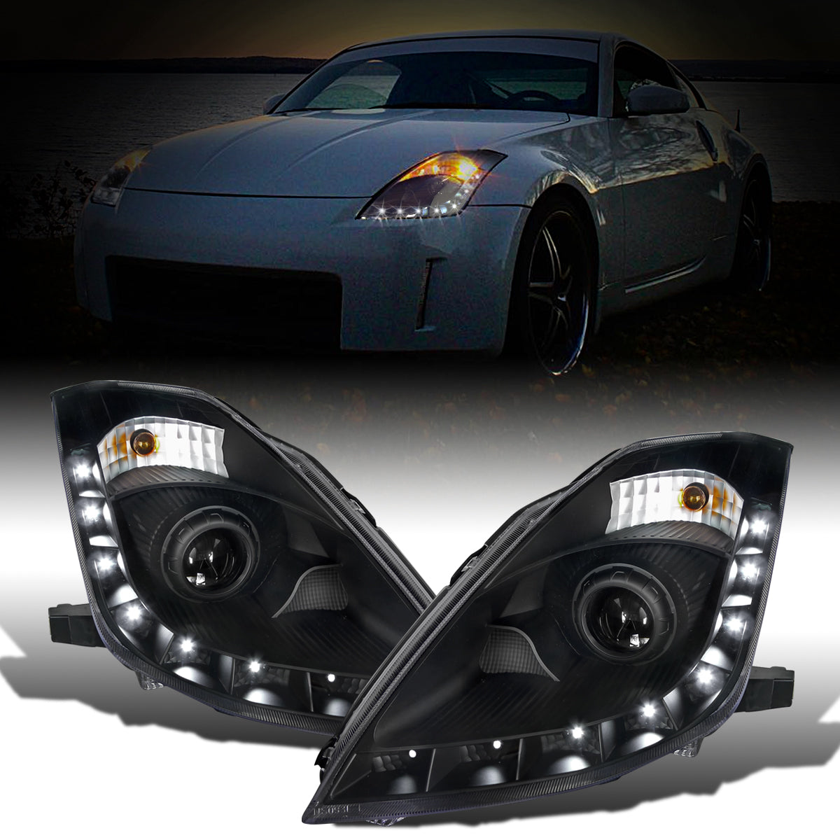 Ronnin - Fits 2006-2009 Nissan 350Z Upgraded LED Strip HID Xenon Projector Headlights Assembly Pair | Black