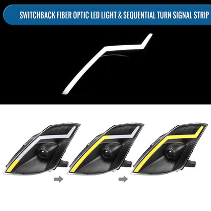 Ronnin - Fits 2006-2009 Nissan 350Z Upgraded Replacement HID Xenon Projector Headlights LED Switchback Sequential Turn Signals + Animated Startup Effect Assembly Pair | Black
