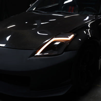 Ronnin - Fits 2006-2009 Nissan 350Z Upgraded Replacement HID Xenon Projector Headlights LED Switchback Sequential Turn Signals + Animated Startup Effect Assembly Pair | Black