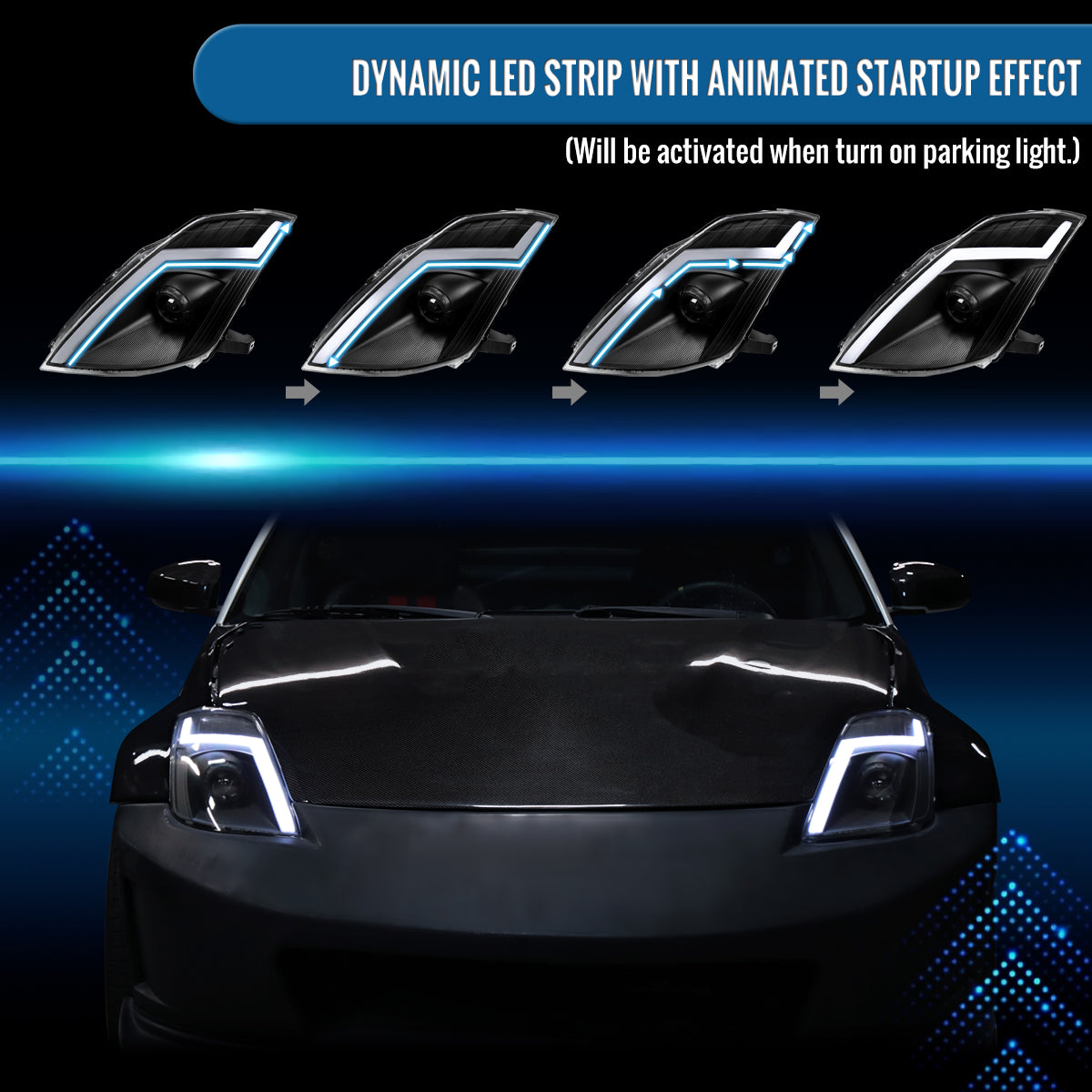 Ronnin - Fits 2006-2009 Nissan 350Z Upgraded Replacement HID Xenon Projector Headlights LED Switchback Sequential Turn Signals + Animated Startup Effect Assembly Pair | Black