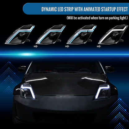 Ronnin - Fits 2006-2009 Nissan 350Z Upgraded Replacement HID Xenon Projector Headlights LED Switchback Sequential Turn Signals + Animated Startup Effect Assembly Pair | Black