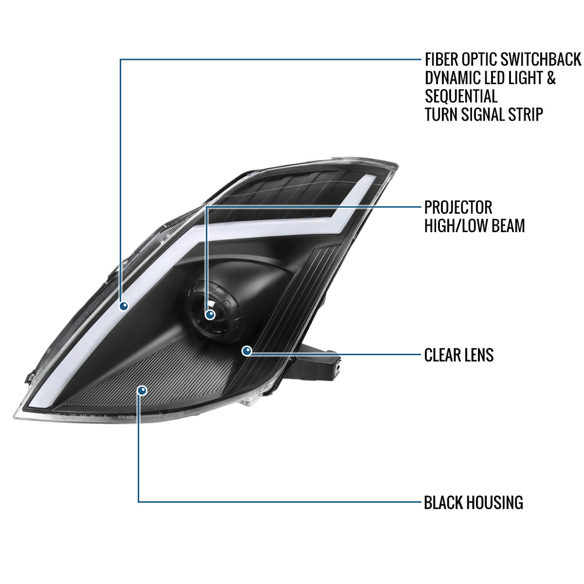 Ronnin - Fits 2006-2009 Nissan 350Z Upgraded Replacement HID Xenon Projector Headlights LED Switchback Sequential Turn Signals + Animated Startup Effect Assembly Pair | Black
