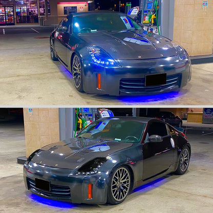 Ronnin - Fits 2006-2009 Nissan 350Z Upgraded LED Strip HID Xenon Projector Headlights Assembly Pair | Black Smoke