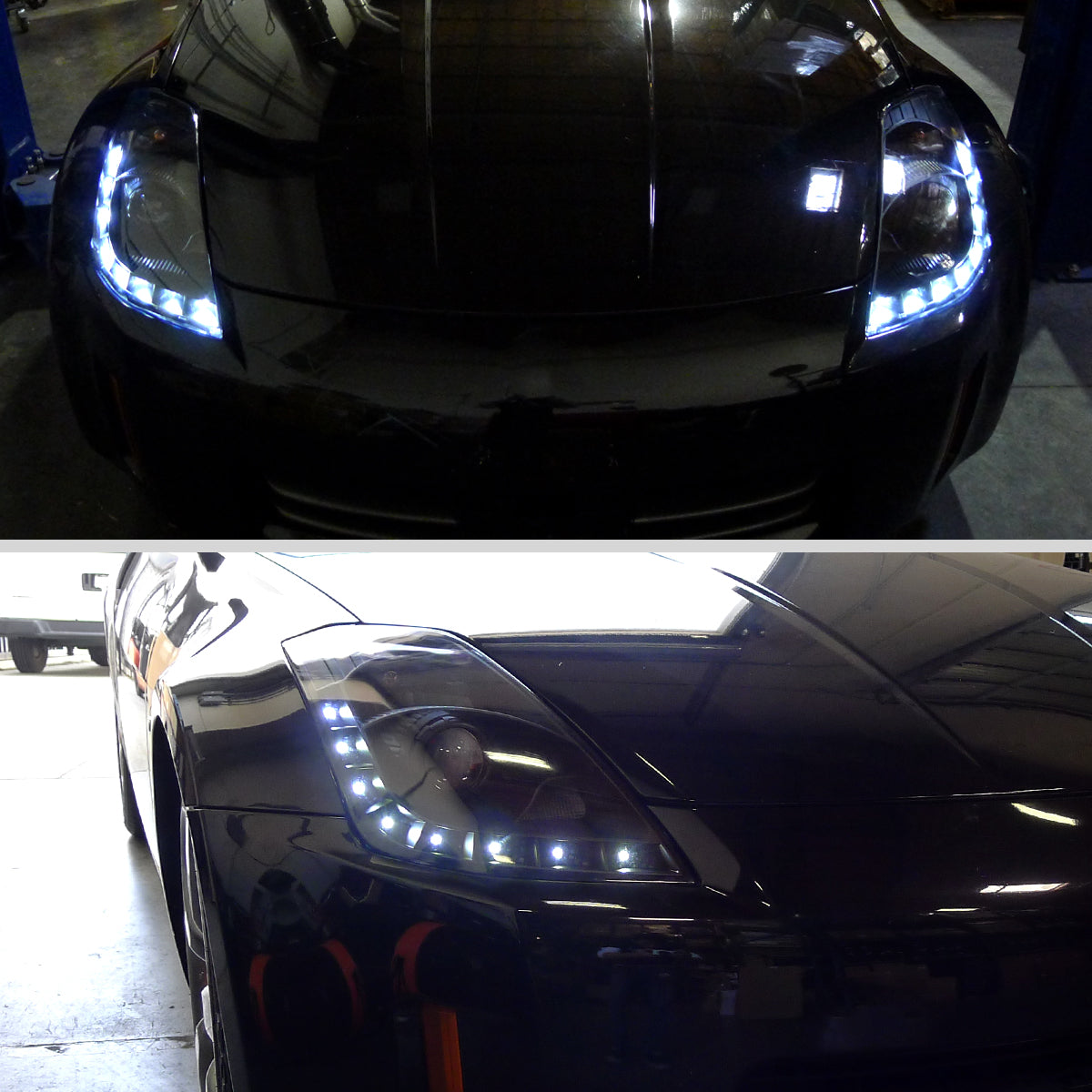 Ronnin - Fits 2006-2009 Nissan 350Z Upgraded LED Strip HID Xenon Projector Headlights Assembly Pair | Black Smoke