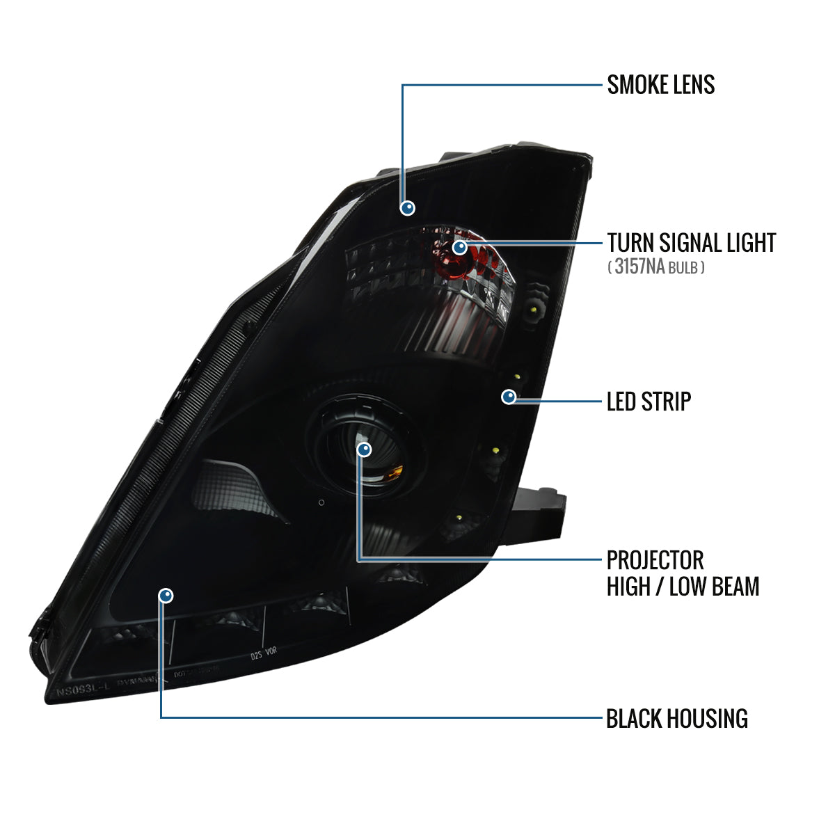 Ronnin - Fits 2006-2009 Nissan 350Z Upgraded LED Strip HID Xenon Projector Headlights Assembly Pair | Black Smoke