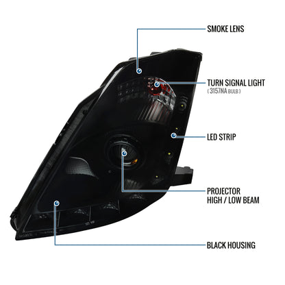 Ronnin - Fits 2006-2009 Nissan 350Z Upgraded LED Strip HID Xenon Projector Headlights Assembly Pair | Black Smoke
