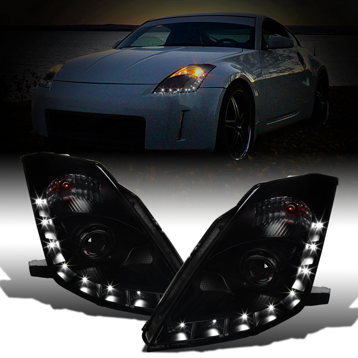 Ronnin - Fits 2006-2009 Nissan 350Z Upgraded LED Strip HID Xenon Projector Headlights Assembly Pair | Black Smoke