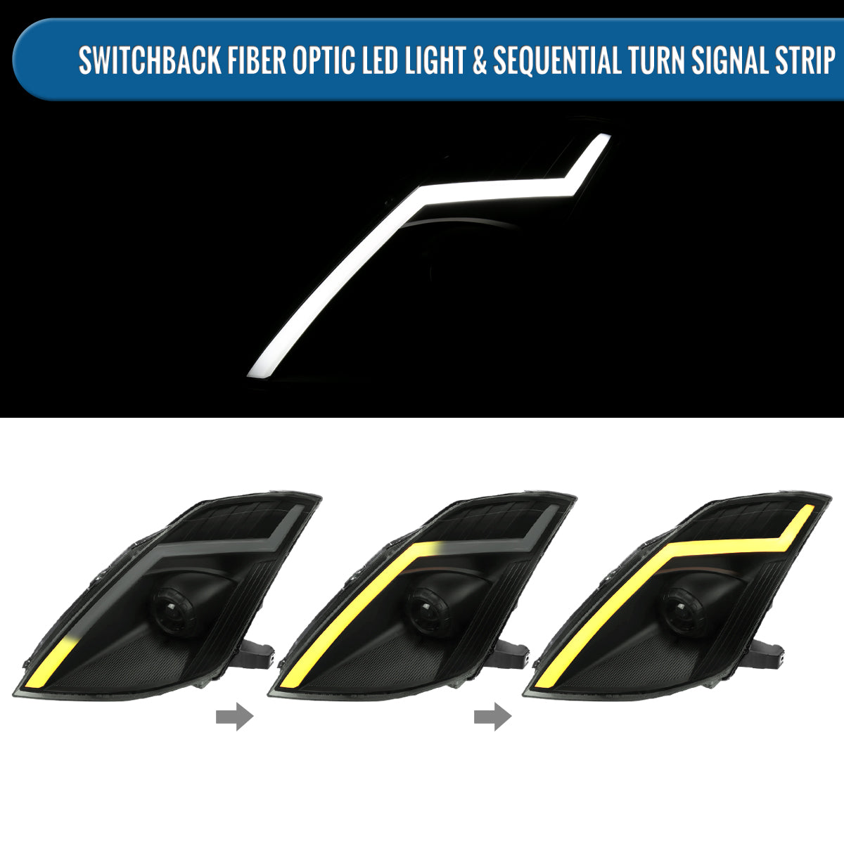 Ronnin - Fits 2006-2009 Nissan 350Z Upgraded Replacement HID Xenon Projector Headlights LED Switchback Sequential Turn Signals + Animated Startup Effect Assembly Pair | Black Smoke
