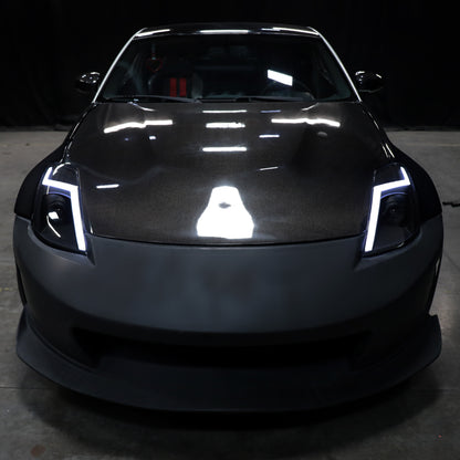 Ronnin - Fits 2006-2009 Nissan 350Z Upgraded Replacement HID Xenon Projector Headlights LED Switchback Sequential Turn Signals + Animated Startup Effect Assembly Pair | Black Smoke