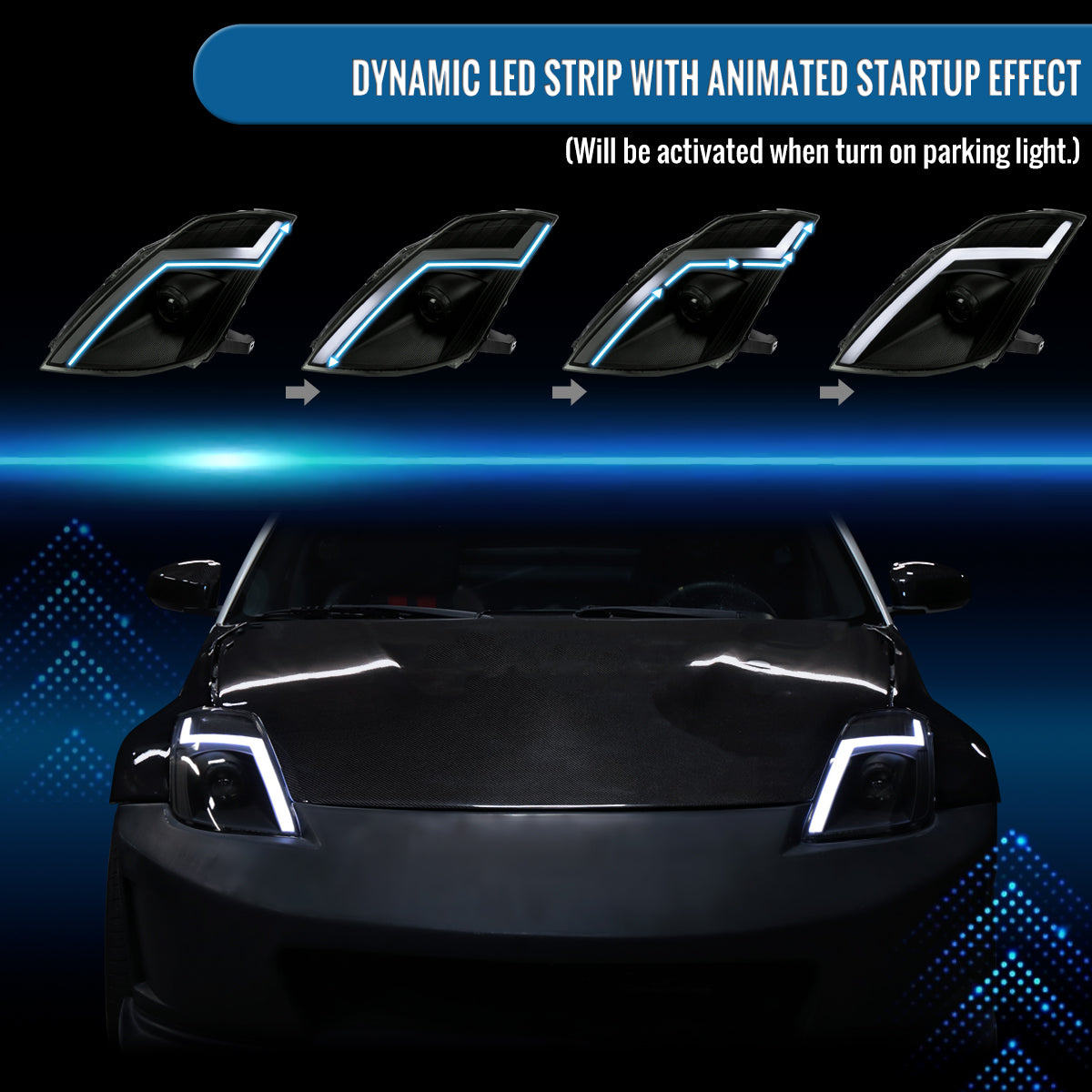 Ronnin - Fits 2006-2009 Nissan 350Z Upgraded Replacement HID Xenon Projector Headlights LED Switchback Sequential Turn Signals + Animated Startup Effect Assembly Pair | Black Smoke