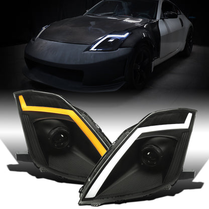 Ronnin - Fits 2006-2009 Nissan 350Z Upgraded Replacement HID Xenon Projector Headlights LED Switchback Sequential Turn Signals + Animated Startup Effect Assembly Pair | Black Smoke